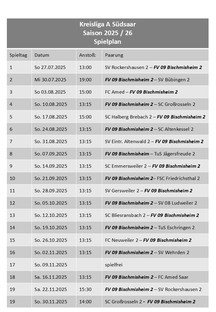 Spielplan Zweite
